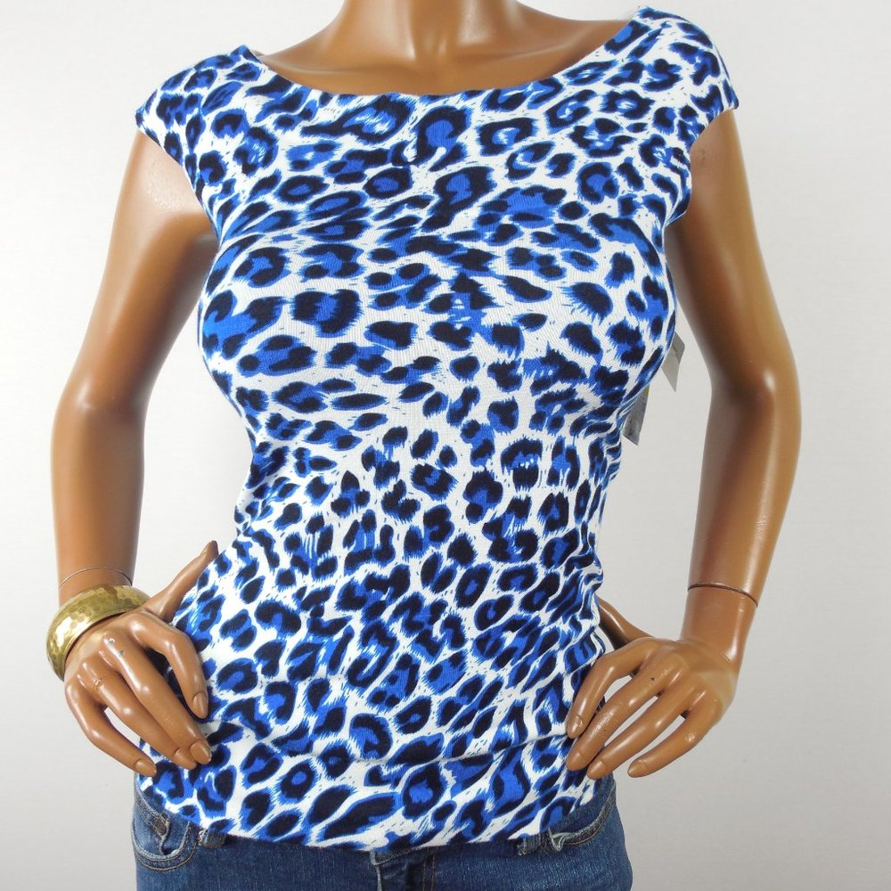 INC Top M NWT $49 Knit Shirt Stretch Sleeveless Blouse Casual Blue Animal - Picture 4 of 8